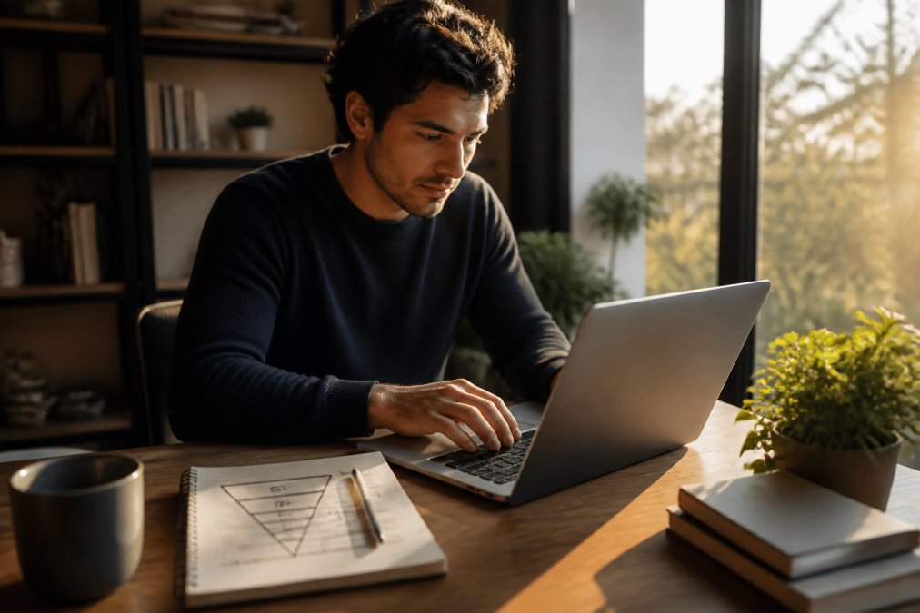 Builder All: 7 Ways It Simplifies Digital Marketing A person working on a laptop at a tidy desk, a notebook with a hand-drawn funnel shape beside the keyboard, warm afternoon light through a window