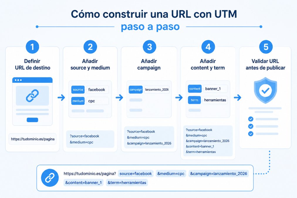 Diagrama de flujo de 5 pasos para usar un builder utm y crear enlaces de seguimiento correctamente.