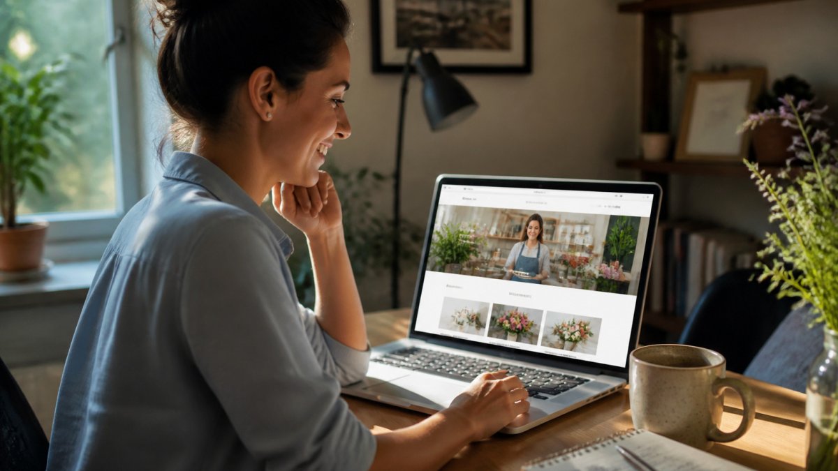 Builderall vs Hostinger AI Builder for Small Business 2026 Small business owner smiling while using an AI website host to preview a new site layout in a home office