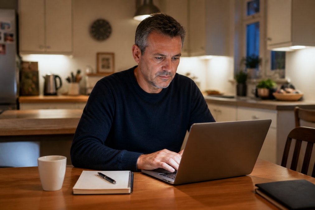 Infographic showing a person working on a laptop at home while building a business part time in the evening.