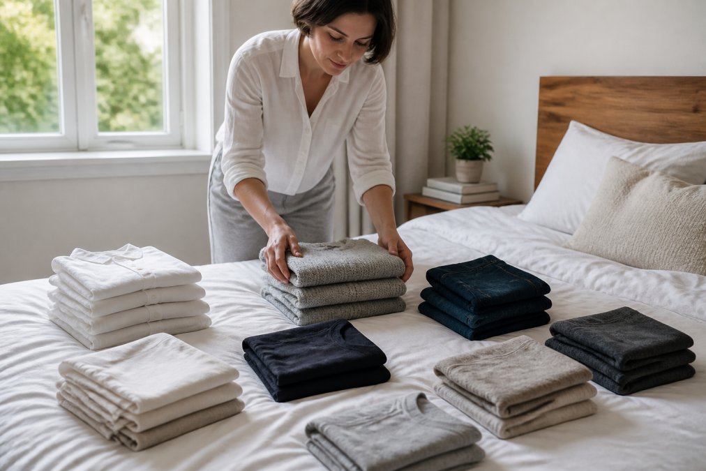 Person arranging folded neutral clothing items on a clean white bed, organizing basics like white shirts, grey sweaters, and navy jeans in neat piles, natural daylight from window