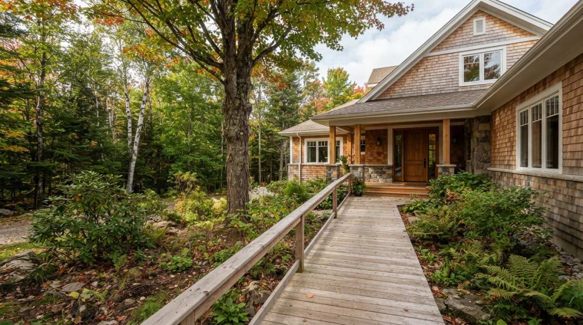 Modern single-story bungalow with accessible ramp entry and wide doorways, set in a Nova Scotia landscape with mature trees and natural vegetation