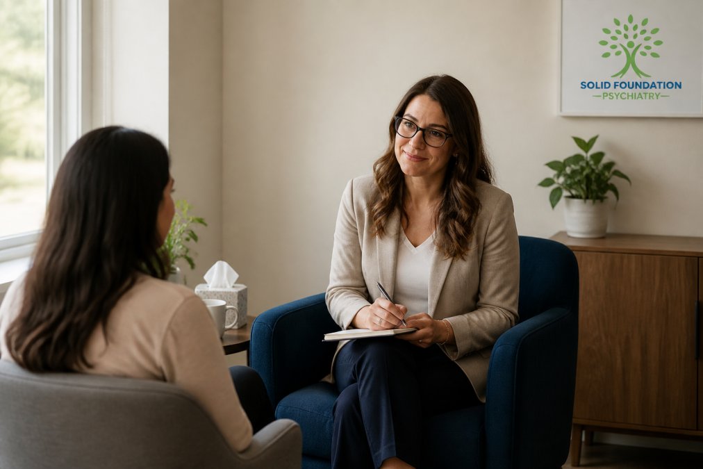 Compassionate psychiatrist in modern clinical office listening attentively to patient in comfortable seating with soft natural lighting