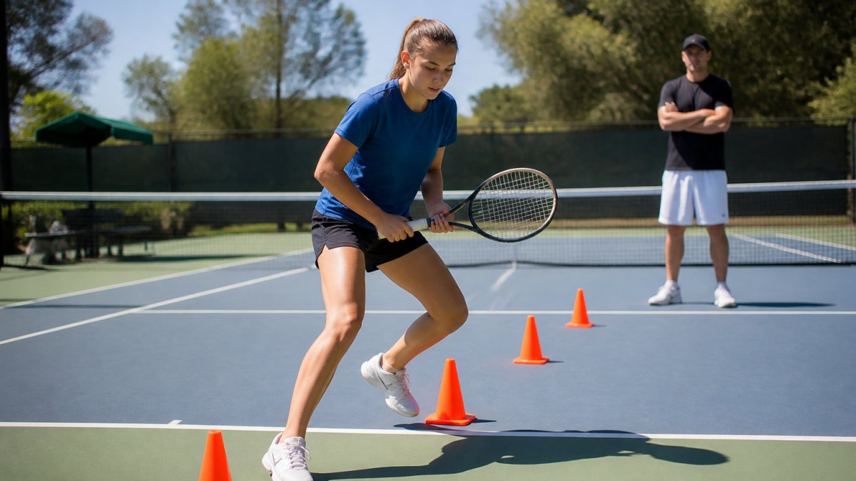 A beginner tennis player practicing footwork drills on a sunlit court, moving laterally between cones while holding a racket, with a coach observing in the background