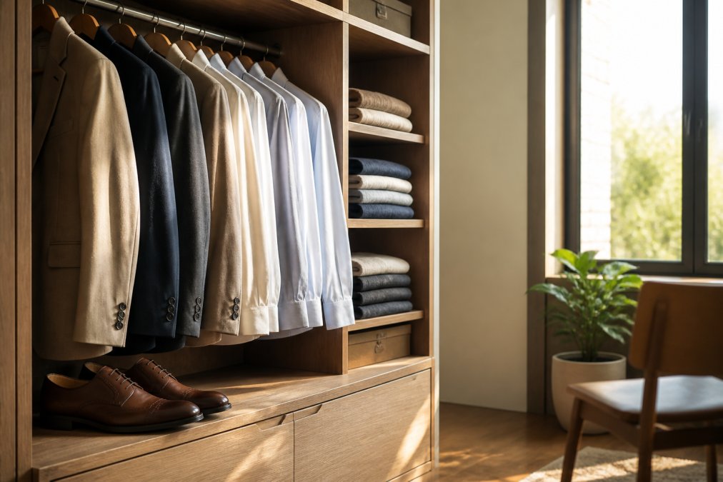 Neutral blazers, shirts, and leather shoes in a closet for a timeless professional wardrobe in morning light.