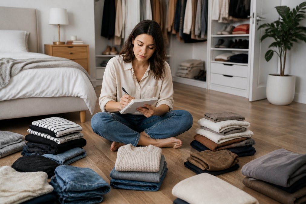 A woman in her late 20s sitting on a bedroom floor surrounded by neatly folded clothing, holding a notepad and pen, sorting items into keep, donate, and tailor piles in a bright, modern apartment
