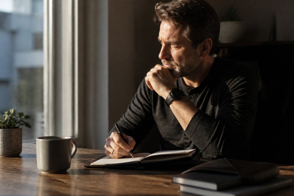 A man journaling with coffee in morning light while building character through spiritual growth