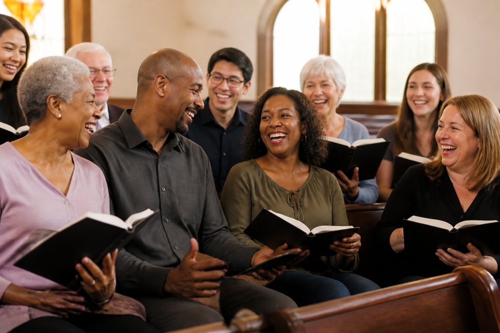 A diverse church choir of mixed ages laughing together during a rehearsal break, songbooks open, warm natural light through sanctuary windows, genuine connection visible on faces