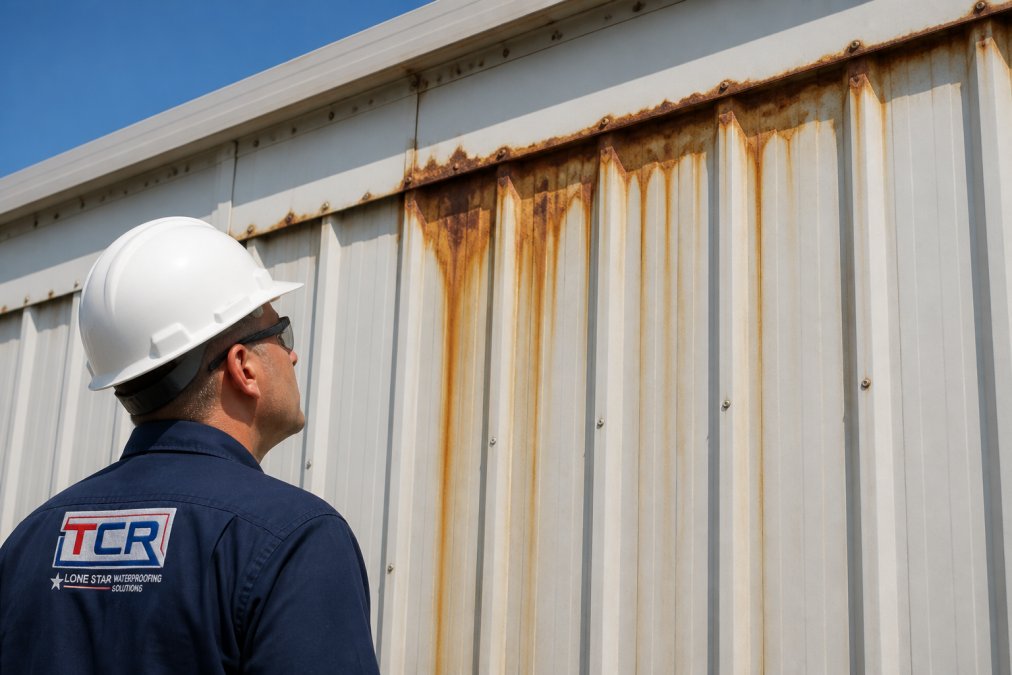 Close-up of rusted metal roof panel with visible water staining and corrosion damage, showing orange rust streaks running down the industrial building exterior panel in bright daylight
