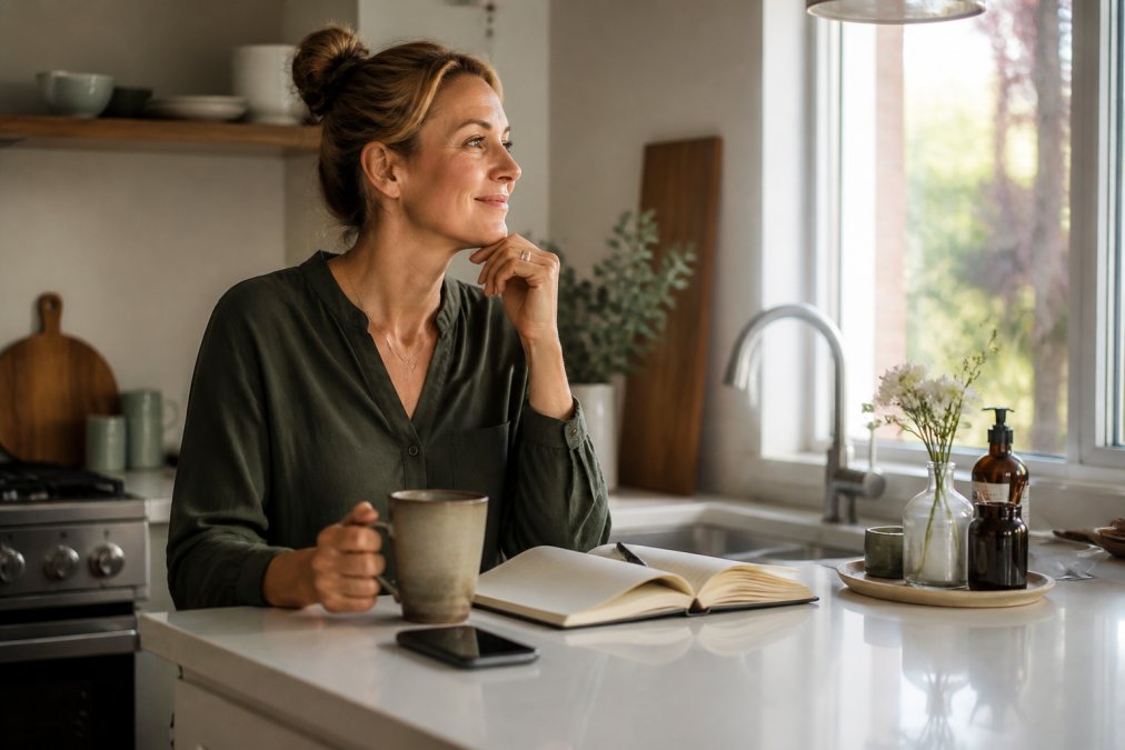 Woman drinking coffee and journaling at a sunlit kitchen counter while building habits for long term change.