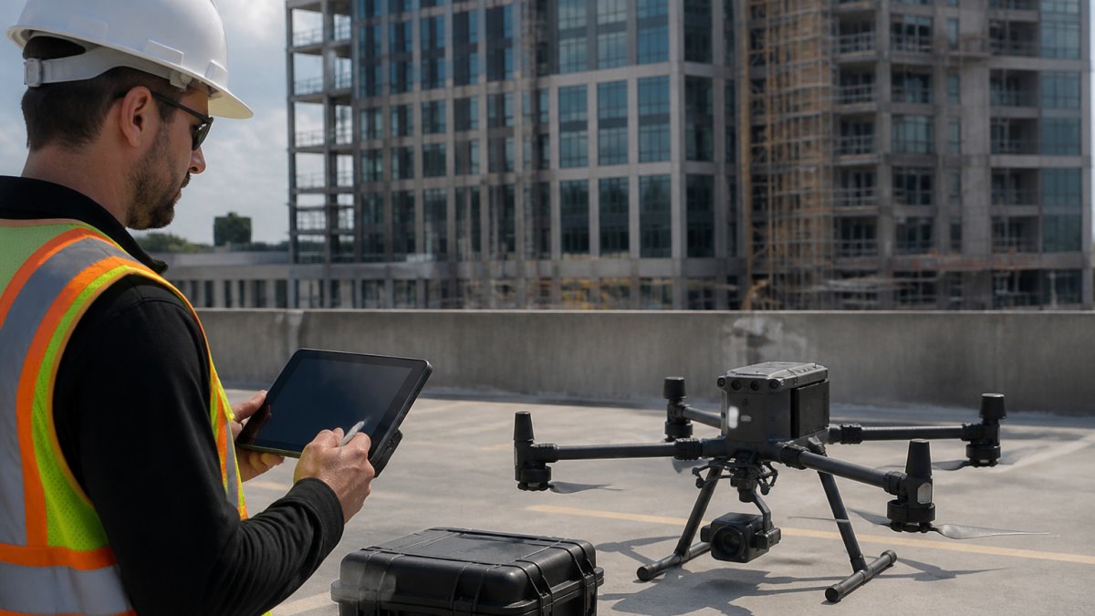 Professional drone pilot preparing an unmanned aerial vehicle for flight over a commercial building site, with tablet displaying flight planning software and the drone positioned on a flat staging area