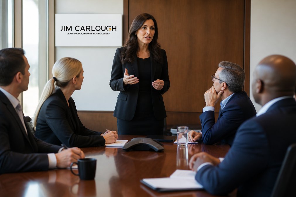 A confident professional woman speaking calmly in a high-stakes boardroom meeting, with colleagues listening attentively around a polished wooden table