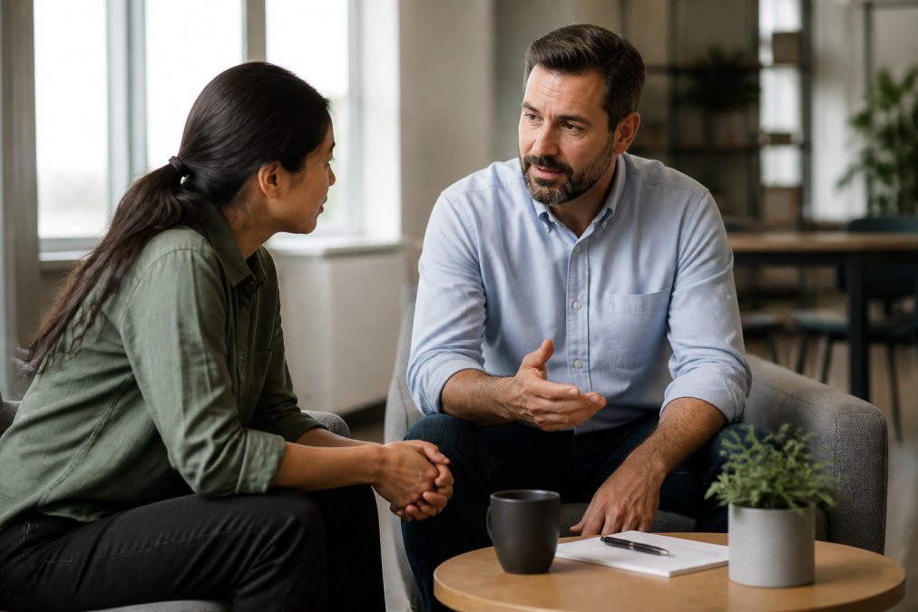 Tech manager having a focused one-on-one conversation with a direct report in a casual office setting, both leaning forward engaged in discussion, natural window lighting