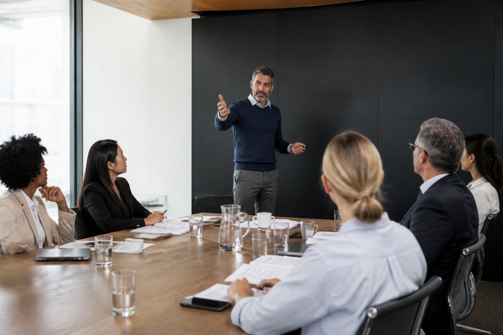 Technical leader presenting to a mixed stakeholder group in a conference room, gesturing confidently toward a screen display, audience members attentively engaged