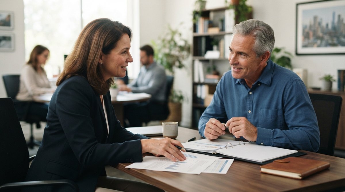 Financial advisor and client having a thoughtful conversation across a desk in a modern office, reviewing documents together with genuine engagement and trust evident in their body language and eye contact