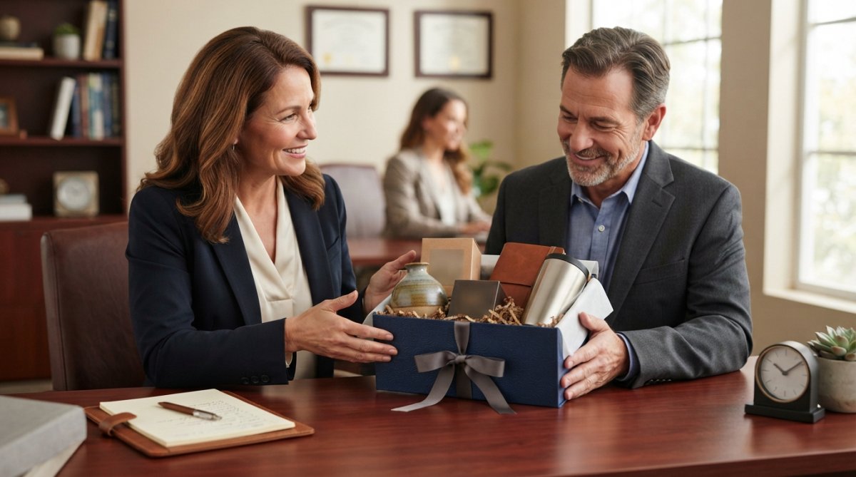 A beautifully curated premium gift box being presented to a client in a professional setting, showing meticulous attention to detail and thoughtfulness in the packaging and presentation