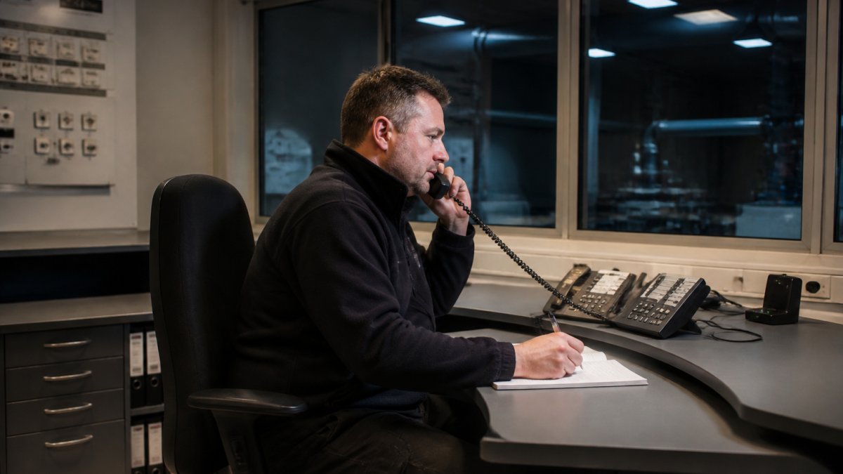 Professional building services technician monitoring multiple screens displaying system alerts and performance data at a control station in a facility management office during evening shift