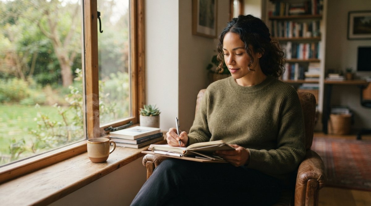 Person sitting peacefully by a window with natural light, journaling in a quiet comfortable space with a warm cup of tea nearby