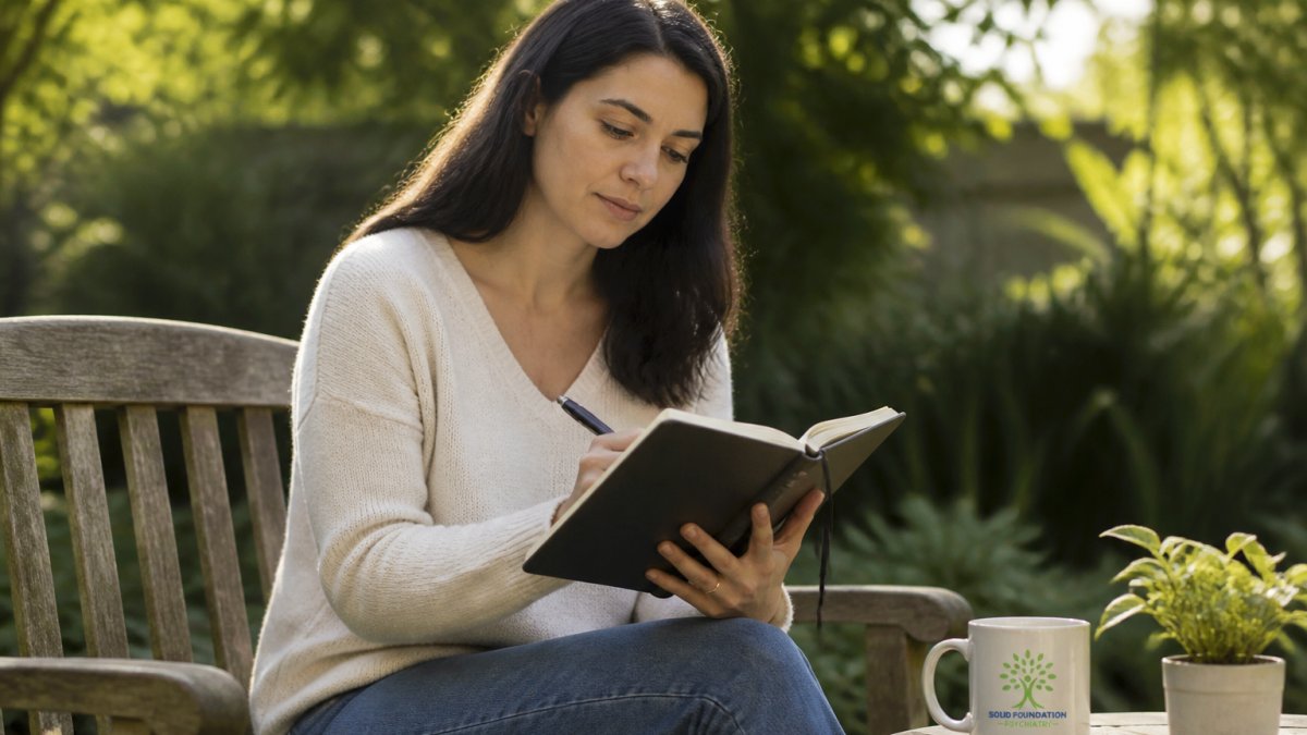 Person sitting peacefully on a wooden bench in natural outdoor light, journaling with a thoughtful expression in a calm garden setting