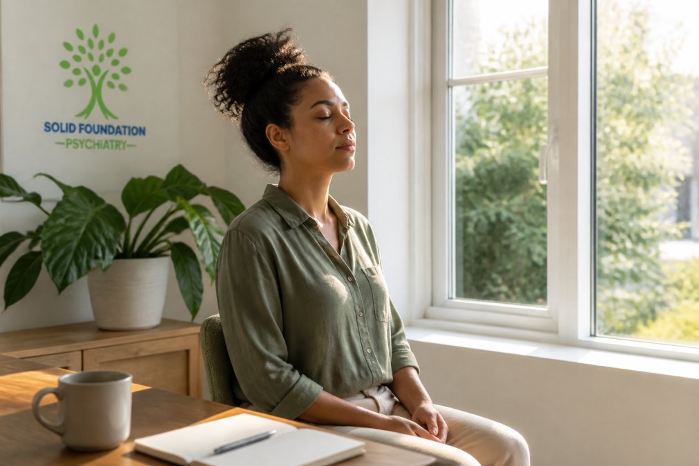 Person sitting peacefully by a bright window in a calm, minimalist space, appearing centered and focused with natural morning light streaming in