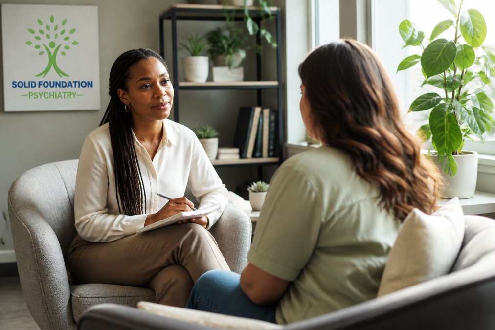 Mental health professional listening to a patient in a sunny office to support building mental resilience.