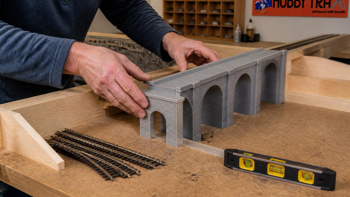Modeller dry-fitting a grey viaduct section onto a baseboard with track and a spirit level on a workbench
