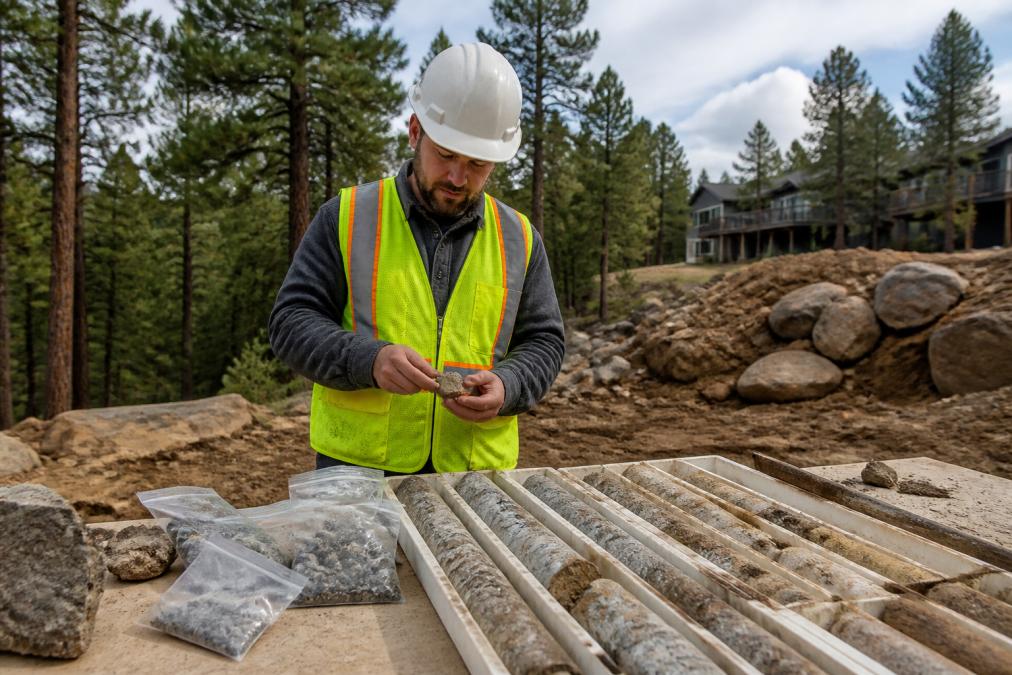 Geotechnical engineer inspecting granite soil and rock cores at a residential construction site