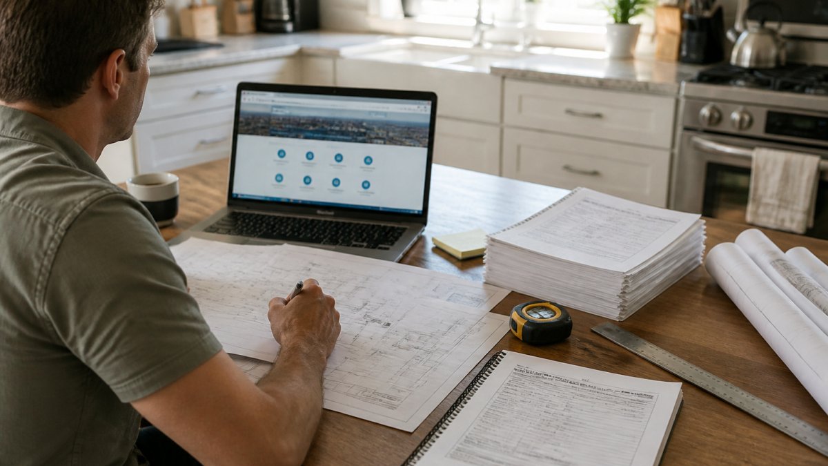Step-by-step infographic for homeowners applying for permits without a permit expeditor at their kitchen table.