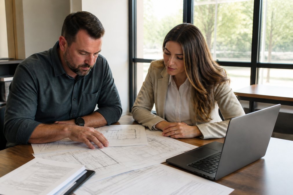 Homeowner and contractor seated at desk reviewing site plans and building documents with laptop displaying Accela Citizen Access portal interface, natural window lighting illuminating the workspace