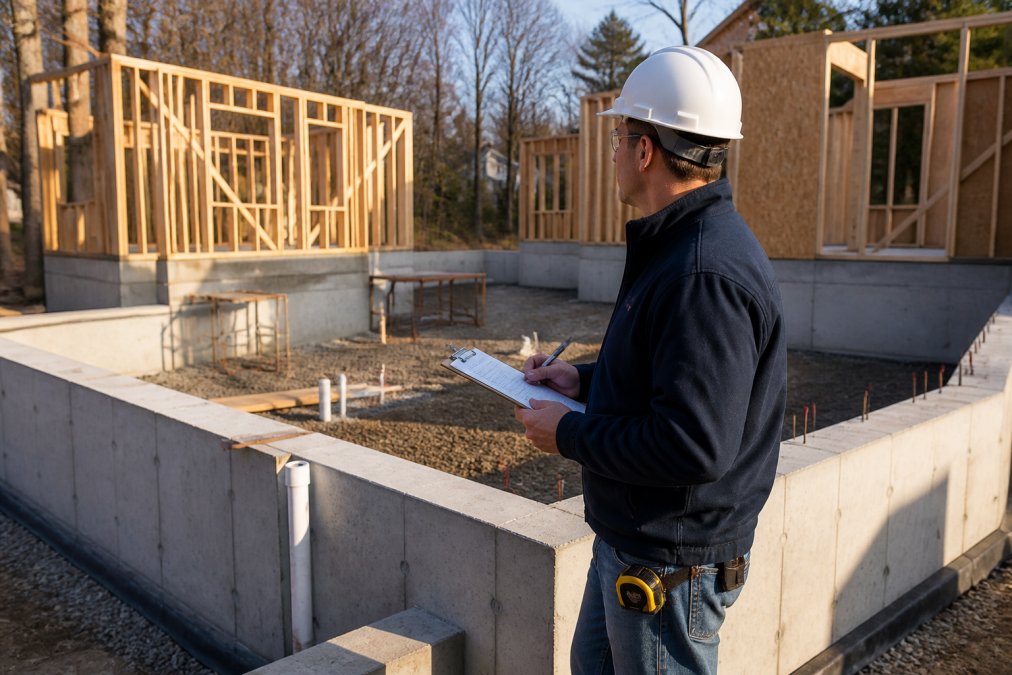 Building inspector with clipboard and measuring tools examining concrete foundation and framing work on residential construction site, morning sunlight casting shadows across the work area