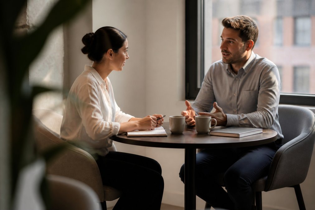 Two colleagues in a quiet corner office having a focused one-on-one conversation at a small table, notebook and coffee cups between them, soft afternoon light through a window