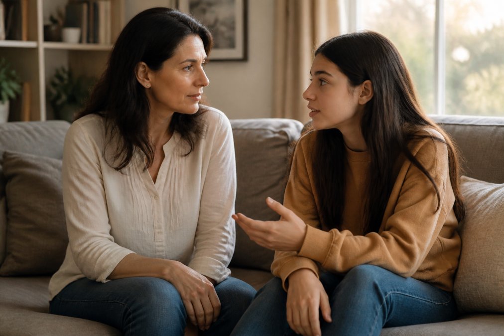 A mother listens attentively to her teenage daughter on a couch, supporting her in building self esteem in teenage girls.