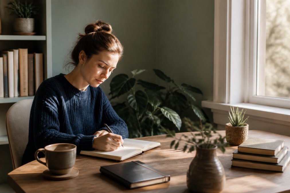 Person journaling with tea in a sunny home office to support building self-esteem through daily reflection.