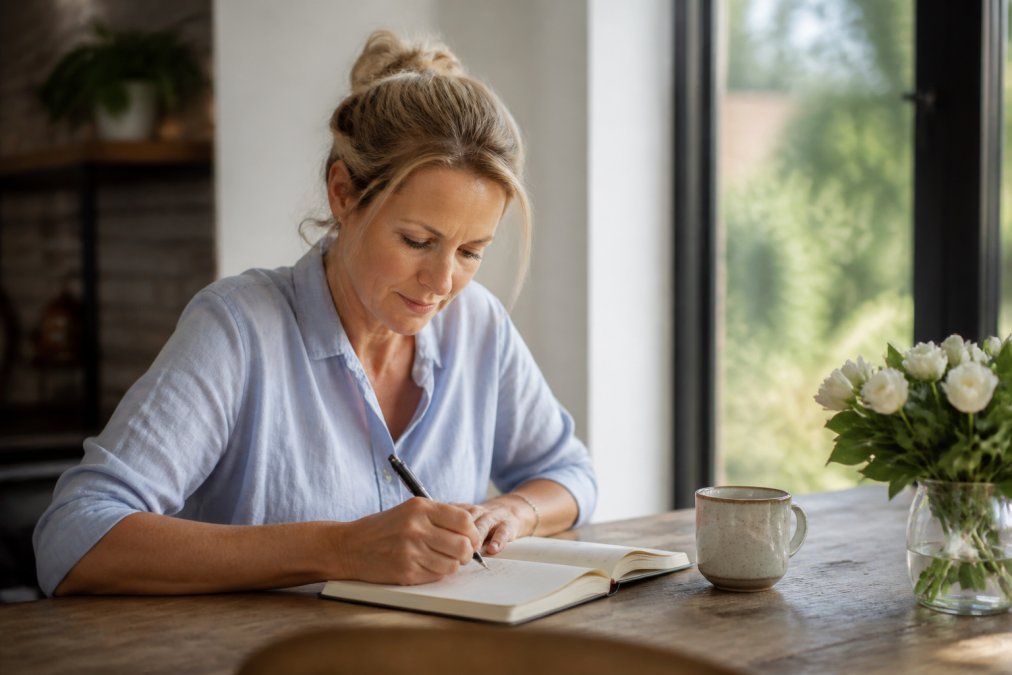 Woman writing in a journal at a desk with natural light from a window, looking focused and intentional as she plans her week