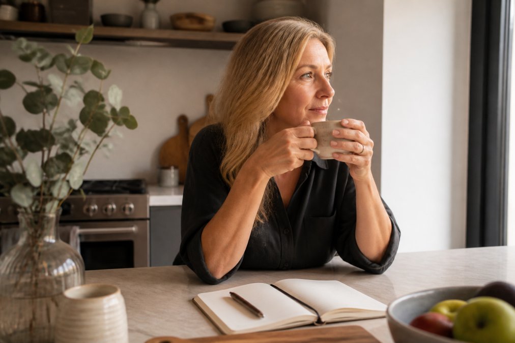 Woman enjoying a calm morning routine with coffee and a journal to build sustainable habits perimenopause.
