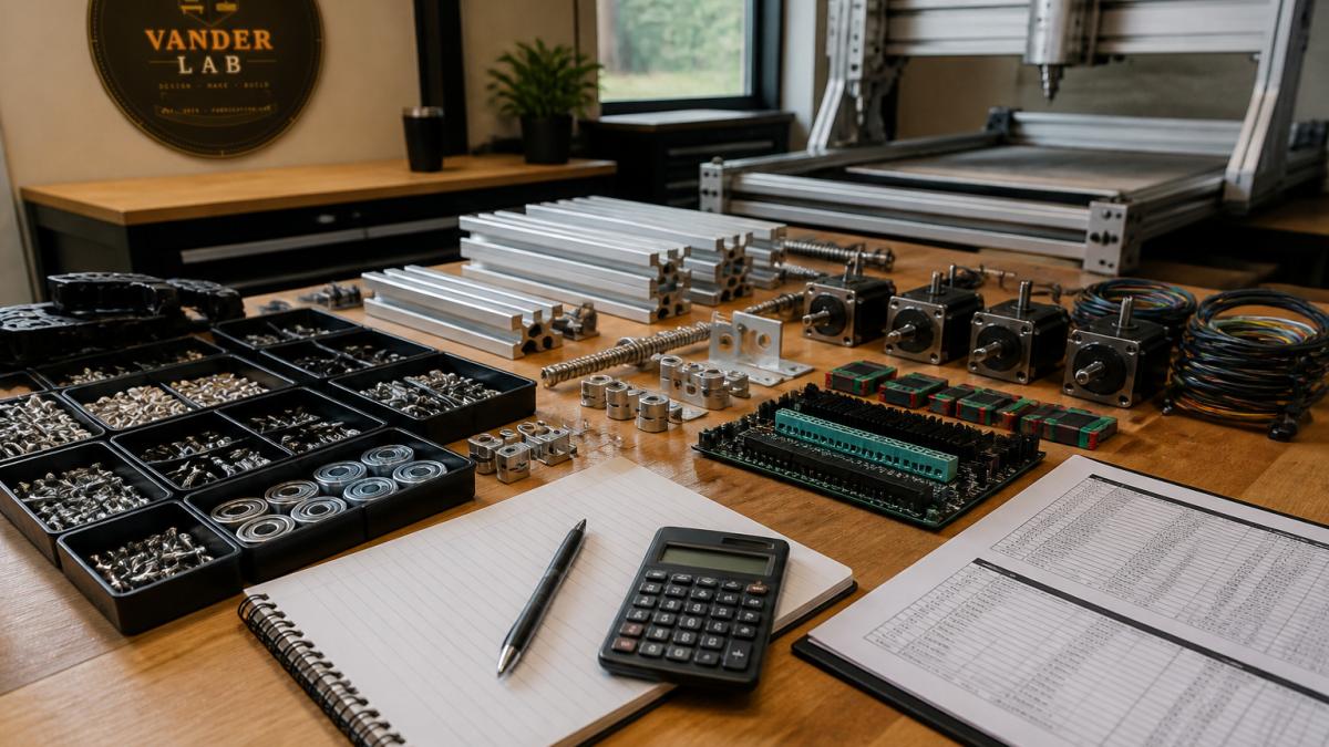 Stepper motors, controller boards, and aluminum frame parts for a build CNC router cost analysis on a workbench.