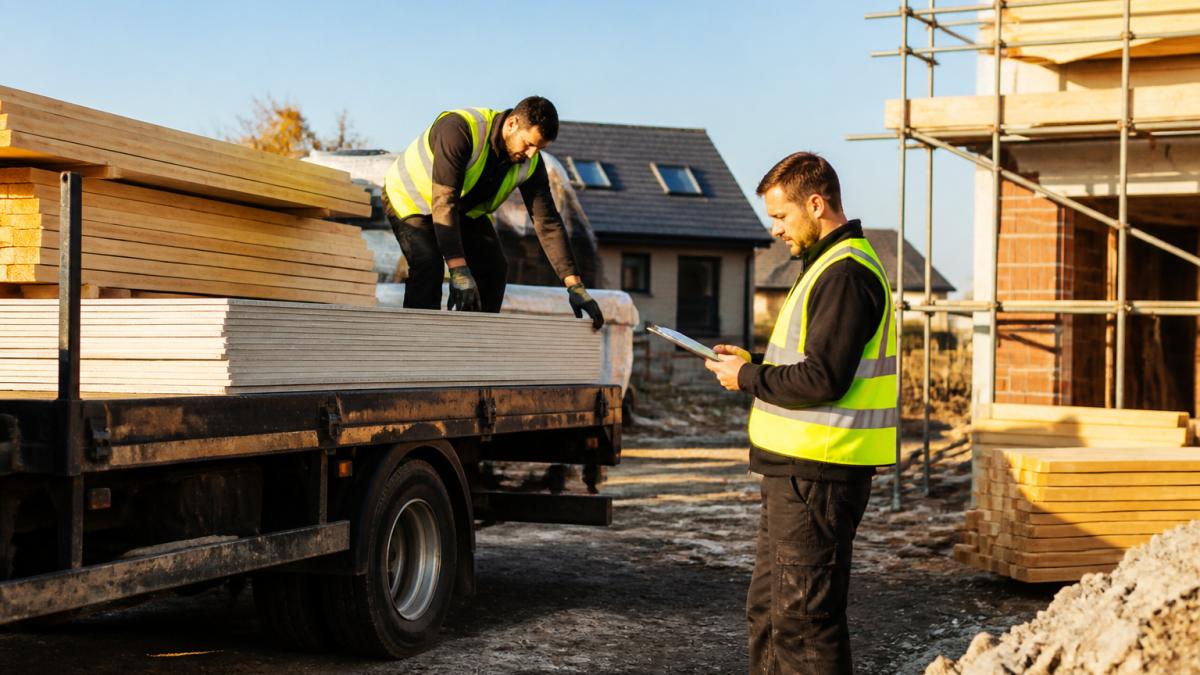 A delivery driver unloading timber and sheet building materials from a flatbed truck at a residential construction site, with a tradesperson in hi-vis checking the order against a clipboard in morning light