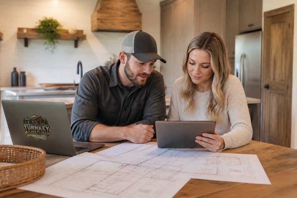 A couple in their early 30s reviewing barndominium floor plans on a tablet at a wooden kitchen table, with blueprints and a laptop open nearby in a bright, modern farmhouse setting