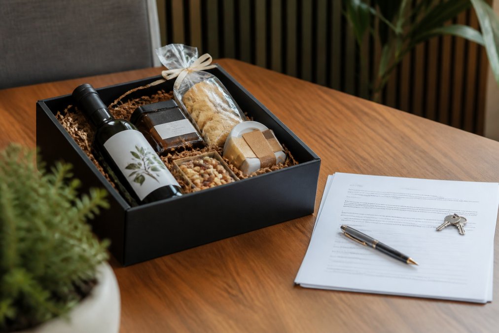 A neatly arranged premium gift box filled with quality Australian artisan products, sitting on a clean timber desk beside a property settlement document and a fountain pen, photographed in warm natural light