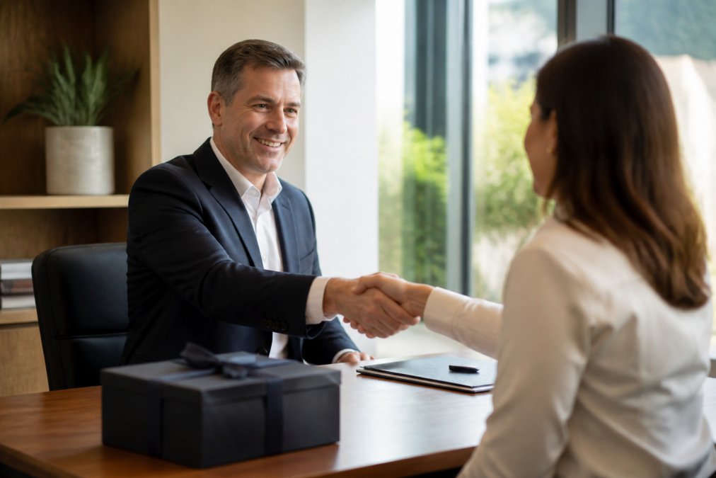 A financial adviser and client shaking hands warmly across a polished office desk, with a branded premium gift box visible in the foreground and soft natural light coming through large windows behind them