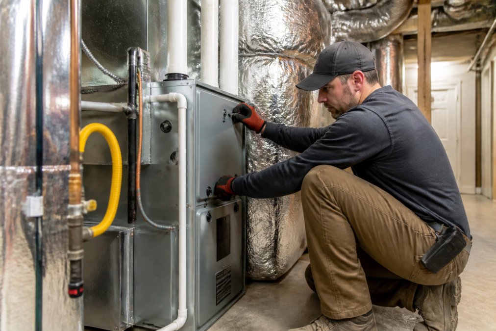 Professional HVAC technician installing high-efficiency ductwork and energy-efficient equipment in a residential mechanical room with proper labeling and thermal insulation visible