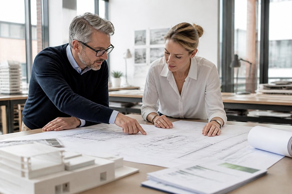 Professional architect and mechanical engineer reviewing HVAC system blueprints and thermal envelope specifications on a large desk in a modern design office, with building models and energy performance documents visible