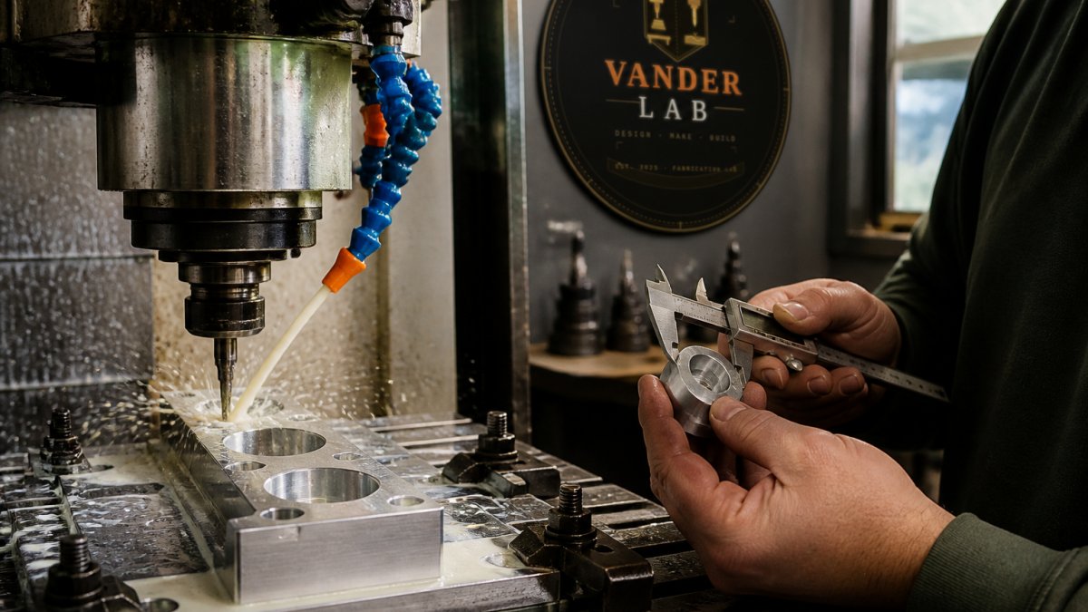 Close-up of precision CNC machine routing or cutting a metal component, with coolant visible and machinist's hands checking measurements with calipers against tight tolerance specifications