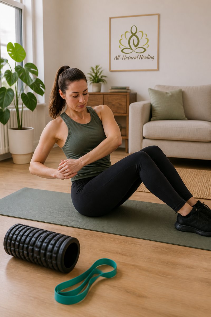 Woman performing gentle core exercises on a yoga mat to relieve bulging disc pain