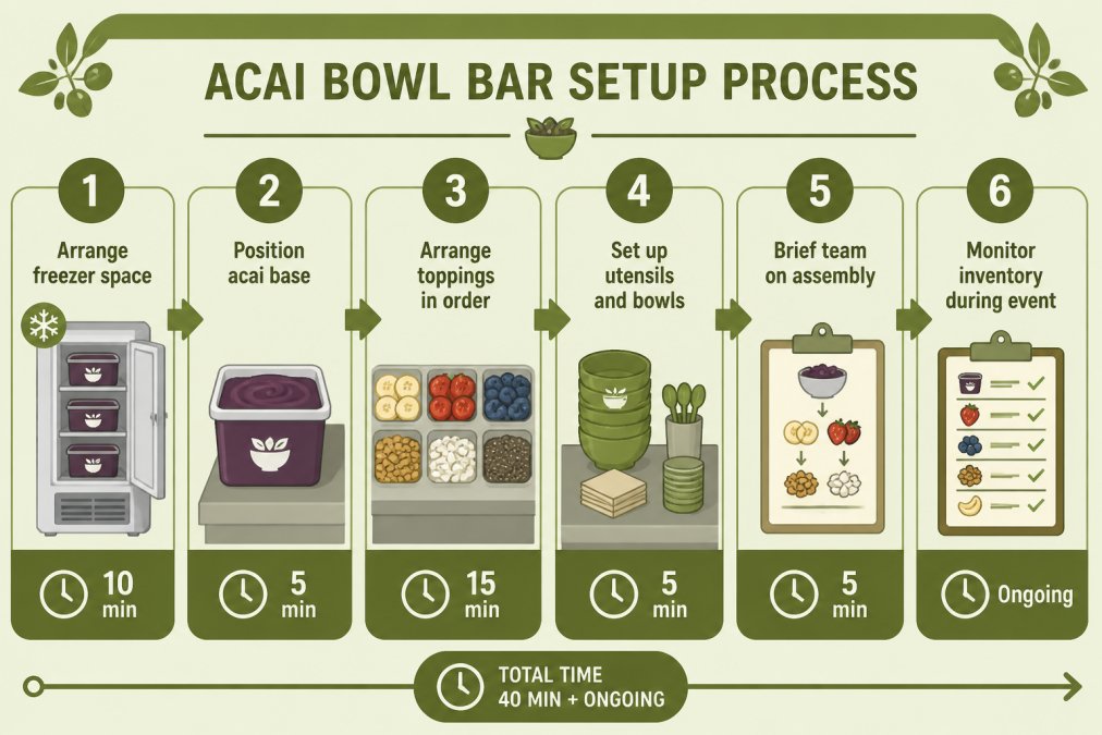 Flowchart showing the 6-step acai bowl bar setup process: 1) Arrange freezer space, 2) Position acai base, 3) Arrange toppings in order, 4) Set up utensils and bowls, 5) Brief team on assembly, 6) Monitor inventory during event. Include timing estimates for each step.