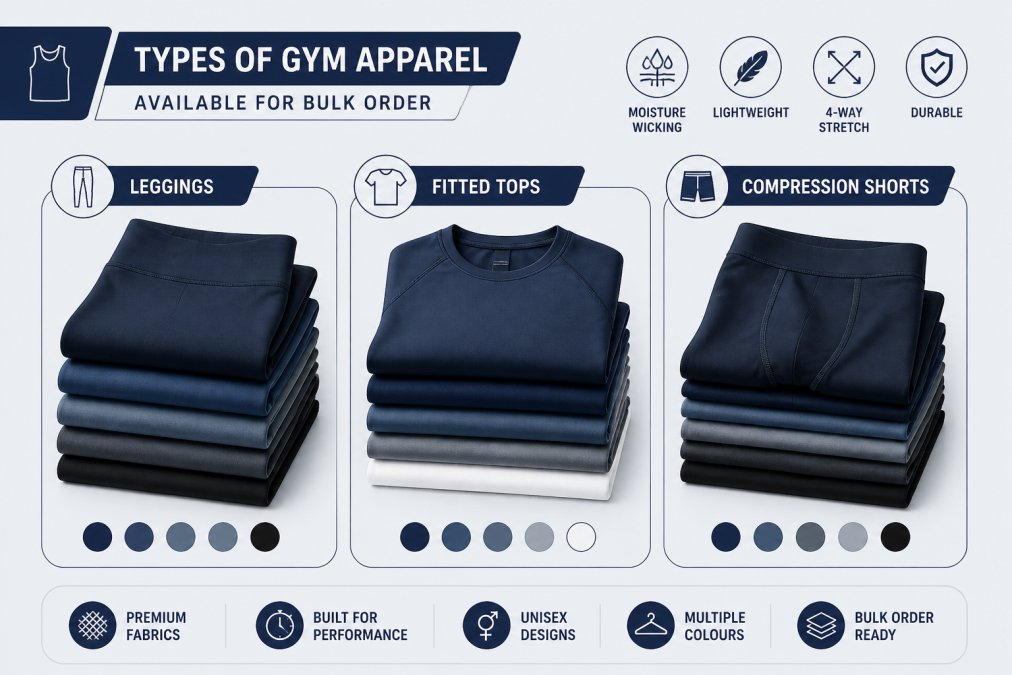 Neatly folded stacks of moisture-wicking gym leggings, fitted tops and compression shorts in coordinated colours arranged on a clean white surface, showing variety of gym-ready textiles