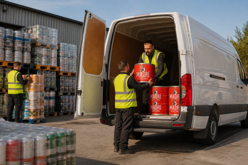 A white delivery van being loaded with crates of premium drinks at a distribution centre, staff members in hi-visibility jackets managing stock rotation, bright daylight showing organized pallets of kegs and cases