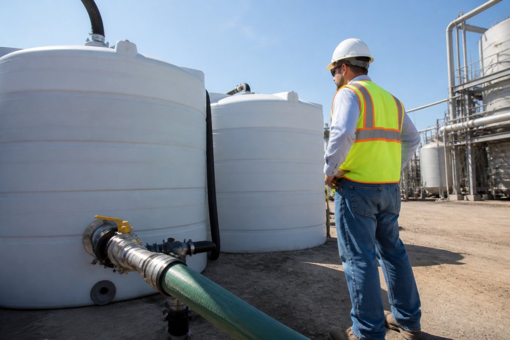 Operations manager in a hard hat and high-visibility safety vest standing beside large white water storage tanks at an industrial site, supervising a tank fill operation under bright afternoon sunlight
