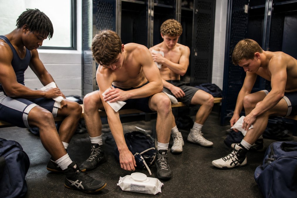 Team of wrestlers in locker room using antibacterial wipes for personal hygiene after training session, showing athletes cleaning themselves with focused attention