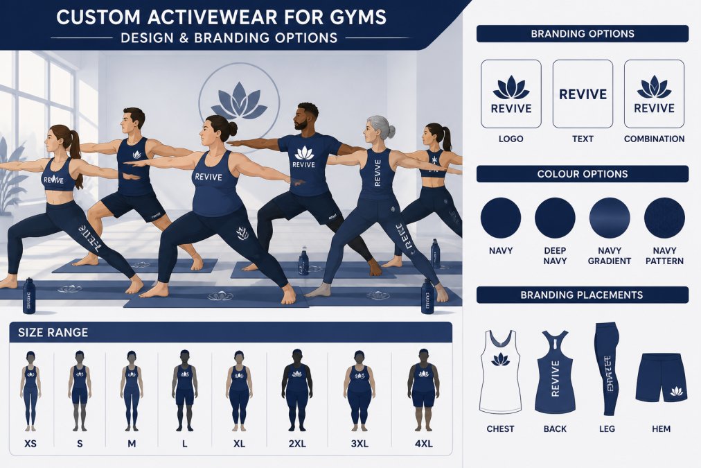 Fitness studio members wearing matching custom branded activewear during a group yoga class, showing cohesive team aesthetic with variety of sizes and body types represented, natural studio lighting